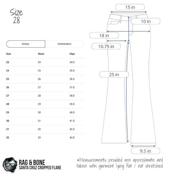 RAG & BONE SANTA CRUZ FLARE CROP JEANS IN PATCH VARICK WOMEN’S SIZE 28 RAW HEM - Picture 15 of 16